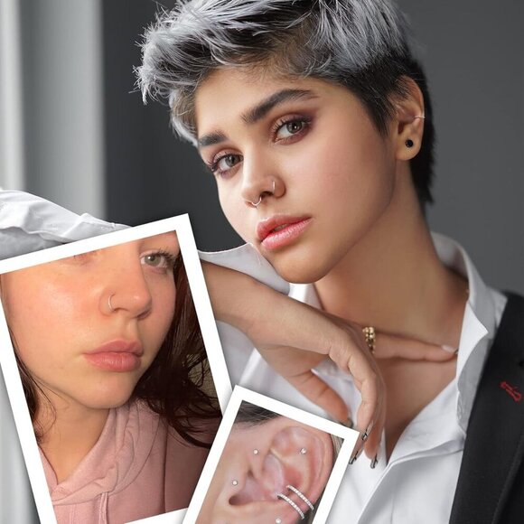 Shiny 20G Hinged Segment Nose Hoop - Stunning CZ Design in Silver Steel - Picture 5 of 9